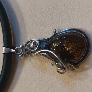 Vintage Sterling Silver Yellow Amber Leaf Pendant With Emerald Green Cord